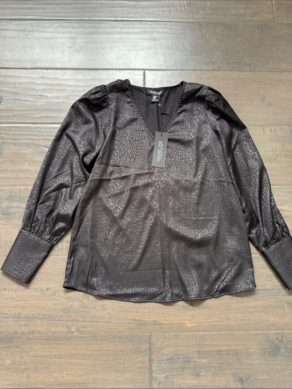 Rachel Zoe Black Jacquard V-Neck Blouse with Subtle Pattern